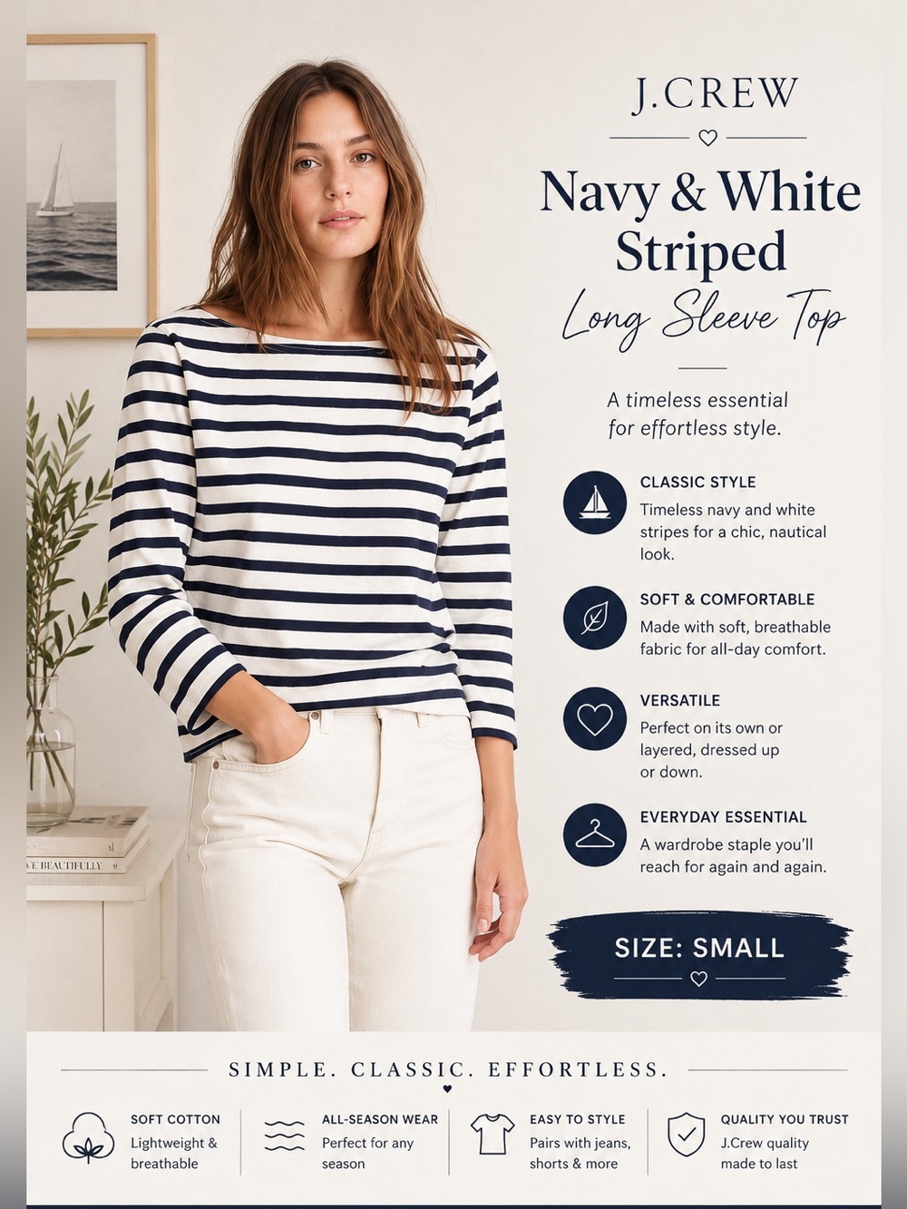 J. Crew Navy and White Striped Long Sleeve Top